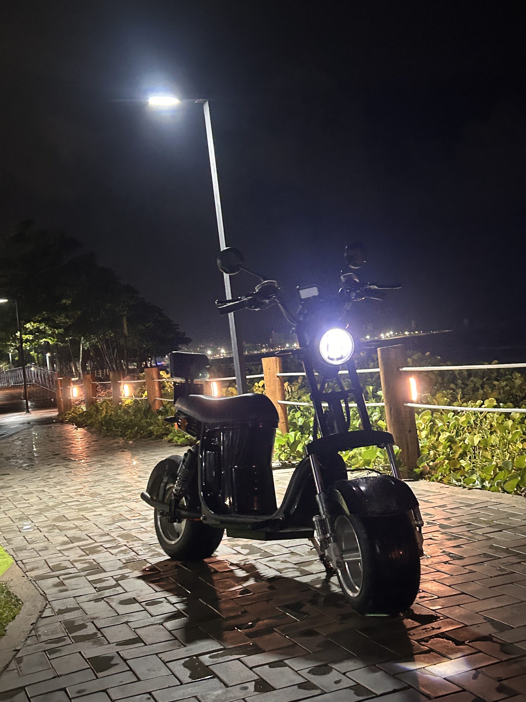 Moto elétrica preta da VoltGo estacionada à noite na orla, com palmeiras iluminadas em verde ao fundo